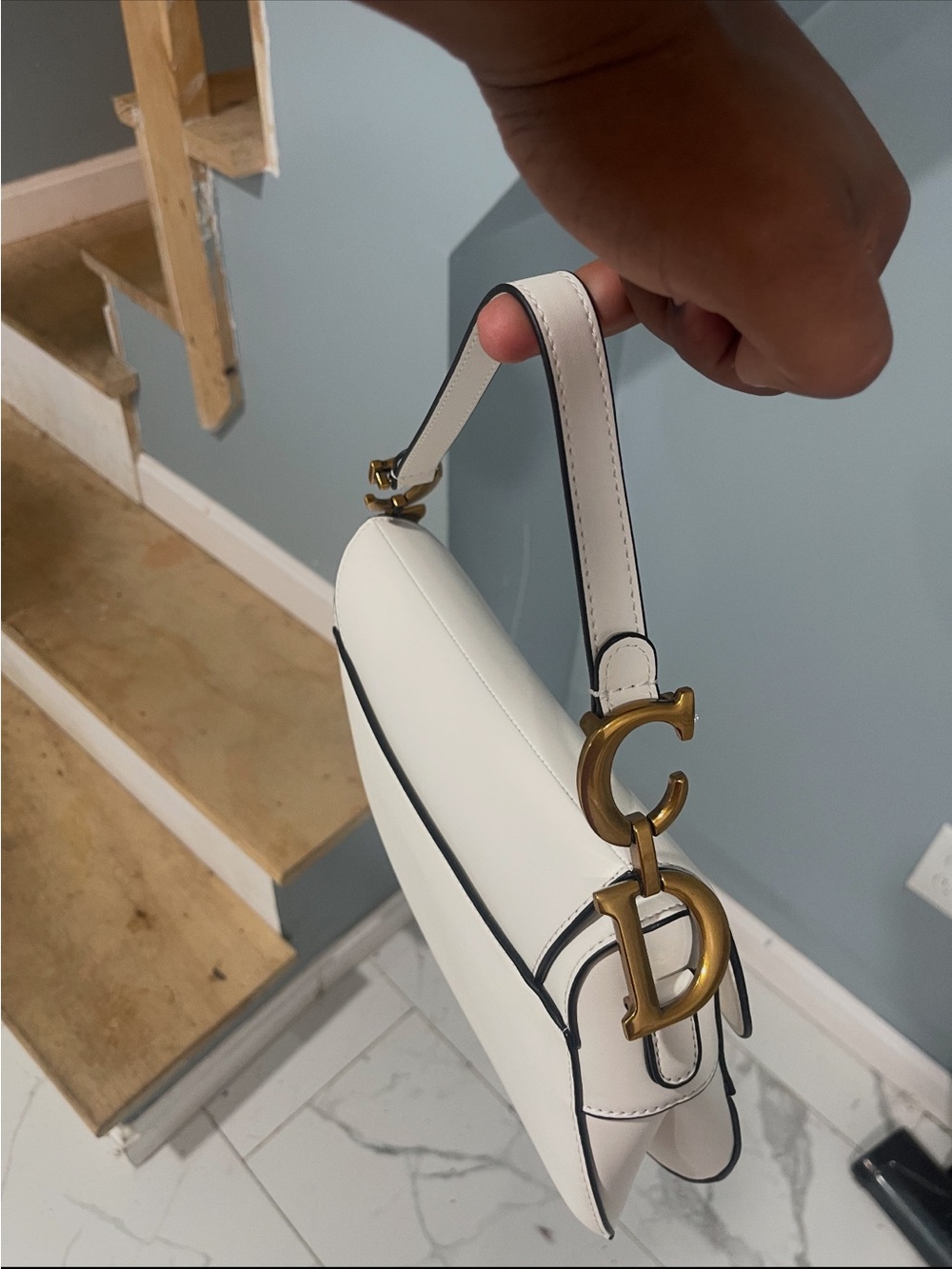 White Leather Shoulder Bag with Gold Hardware